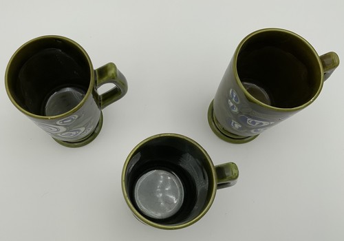 3 Original MCM Ceramic MUGS Cups Green Glaze Blue Poppy Swirl Pattern JAPAN MINT - Picture 4 of 7