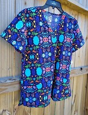 Multicolor Medical Scrub Short Sleeve Pockets Women's Small Top Divine Stretch