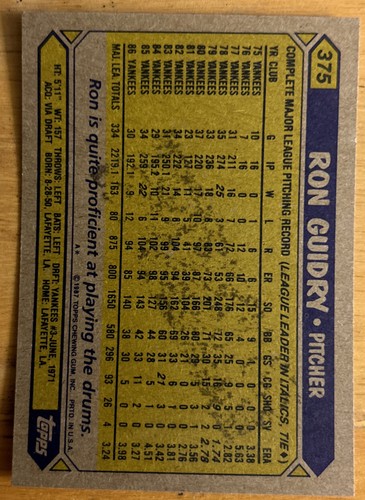 1987 Topps Ron Guidry #375 Yankees Pitcher Low-Grade With Gum Stain - Picture 2 of 2