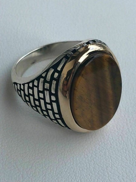 Alternate view of 10k Gold Plated 925 Sterling Silver Tiger's Eye Mens Large Ring Size 7-13 Pinky