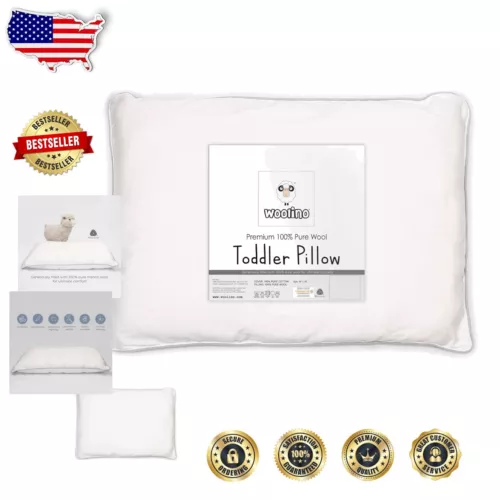 Safe Toddler Pillow with Wool Fill & Cotton Cover - 14" x 19" Travel Size