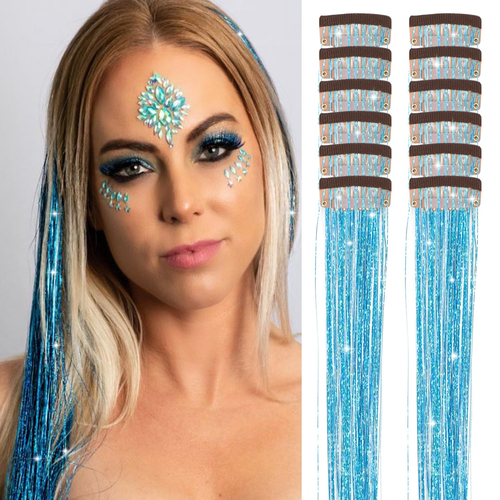 12Pcs Sky Blue Hair Tinsel Extensions - 24" Sparkly Clip-In Accessories - Picture 10 of 13