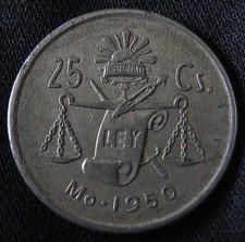 1950-1953 Mexican 30% Silver 25 Centavos - ROUND CAP & RAY BALANCE SCALE COIN