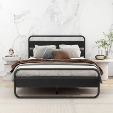Full Size Metal Bed Frame with Wooden Headboard & Footboard, Duty Frame,Black