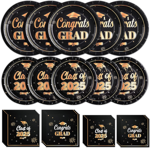 Graduation Plates and Napkins 2025 Black and Gold Graduation Paper Plates Tablew