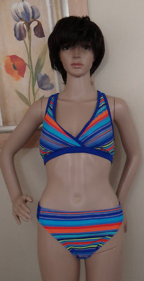BCG multi stripe EUC racer back swim bikini top & New hipster bottom 2pc set,10