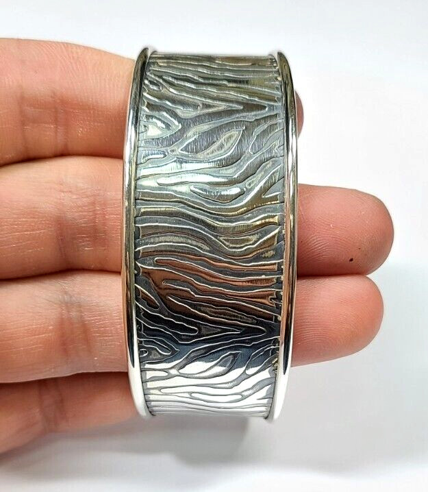 Sterling Silver Zebra Pattern Wide Cuff Bangle Br… - image 6