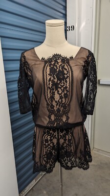 ALEXIS Women Romper XS Lace Overlay Nude Lined 3/4 Sleeve Elastic Waist