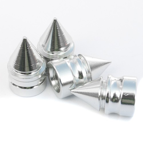 Set of 4 Chrome Spike Shape Rubber Ring Seal Dust Aluminum Rim Tire Valve Cap - Picture 3 of 4