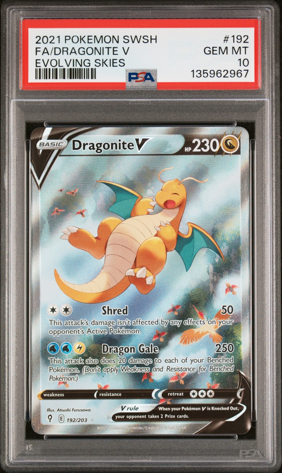 2021 POKEMON SWORD & SHIELD EVOLVING SKIES #192 FULL ART/DRAGONITE V PSA 10