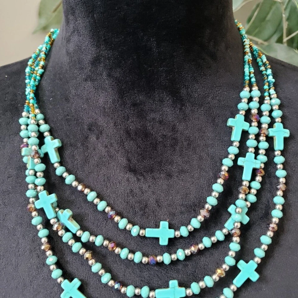 Collar cruzado multihilo con cuentas de vidrio turquesa y ámbar para mujer con cierre de langosta Foto 2 de 4