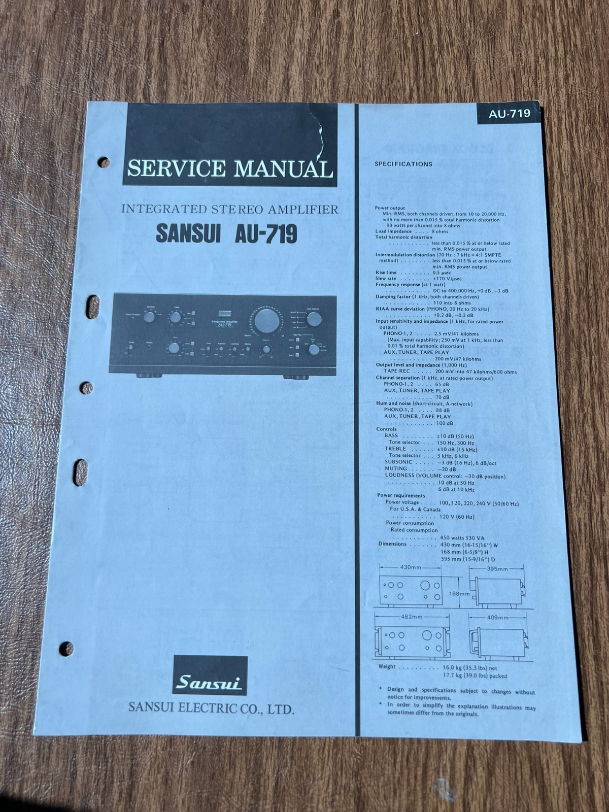 Original Vintage SANSUI AU-719 Amplifier Service Manual / Schematic