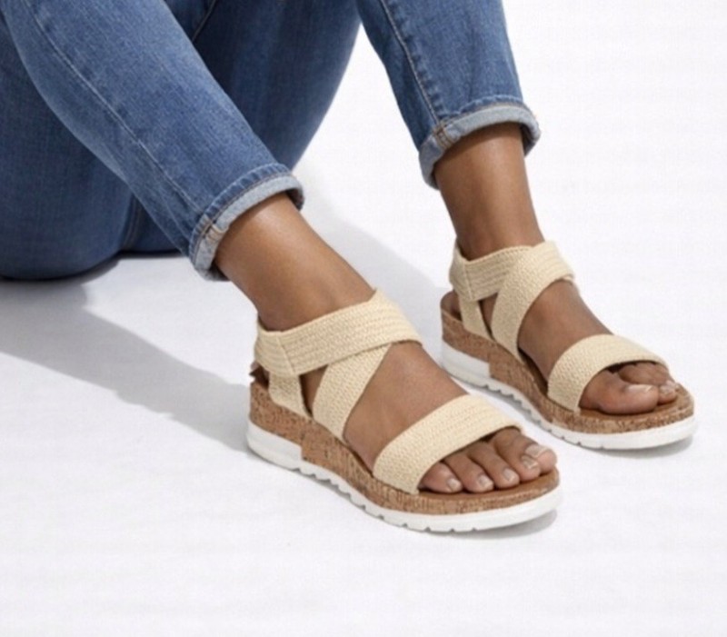 Cushionaire Woven Platform Sandals with Cork Wedge - Beige Size 7.5