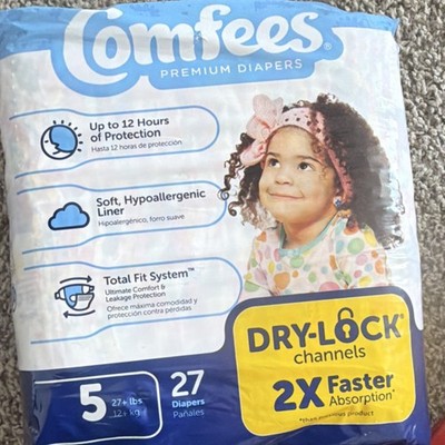 Comfees Premium Diapers Size 5 27+ lbs 27 Count Dry-Lock Channels Hypoallergenic