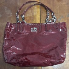 Coach Burgundy Patent Finish Tote Bag Gold Chain Logo Double Handles