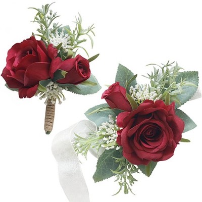 Wrist Corsage Boutonniere Set Artificial Rose Groom Bride Wedding Party Burgundy