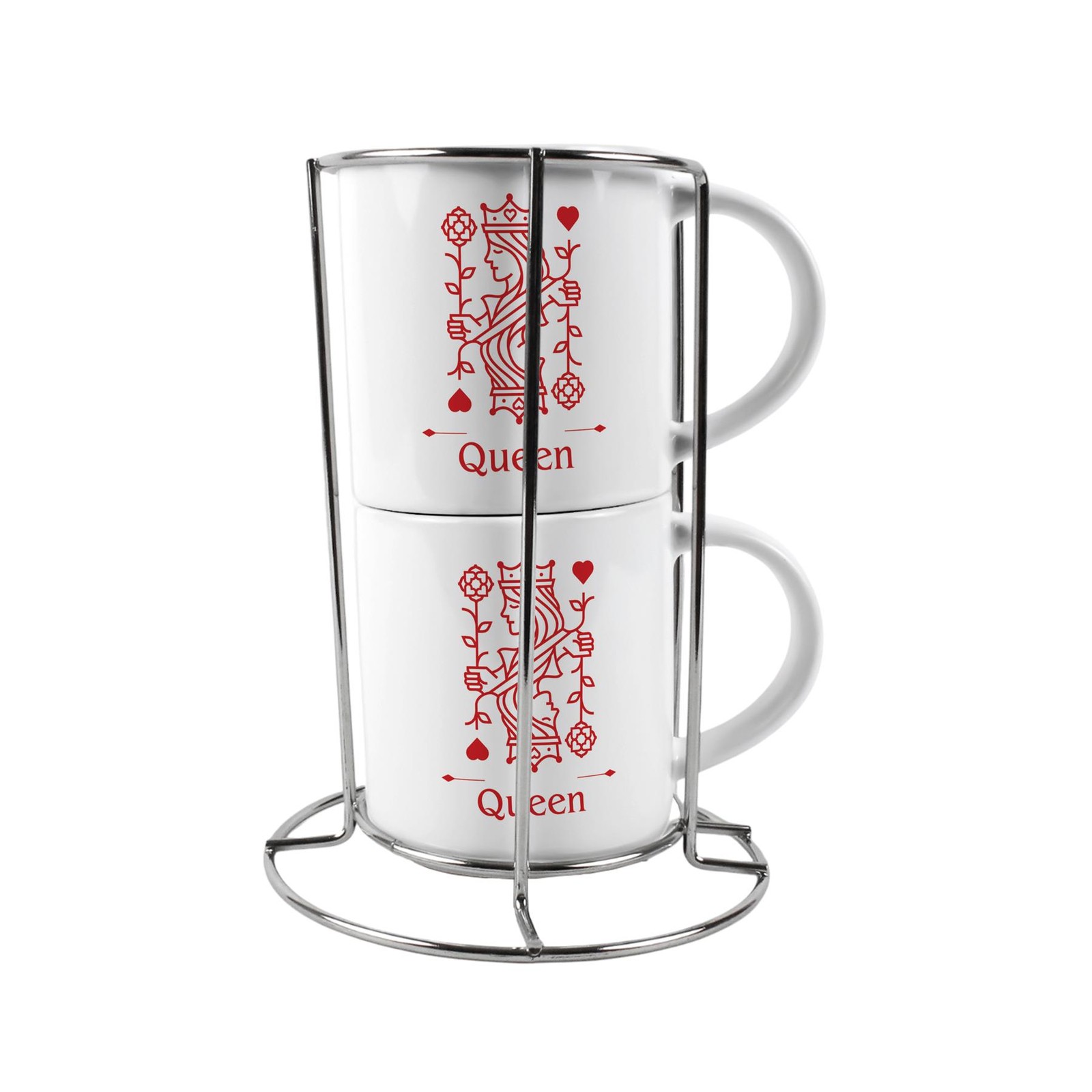 Queen Stacking Mugs Set Gift - Red Playing Cards Ceramic Cups Gift