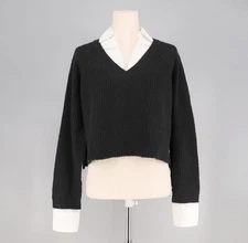 NWT ELAN Kasha Layered Collared V-Neck Cropped Sweater Shirt Black White Size S