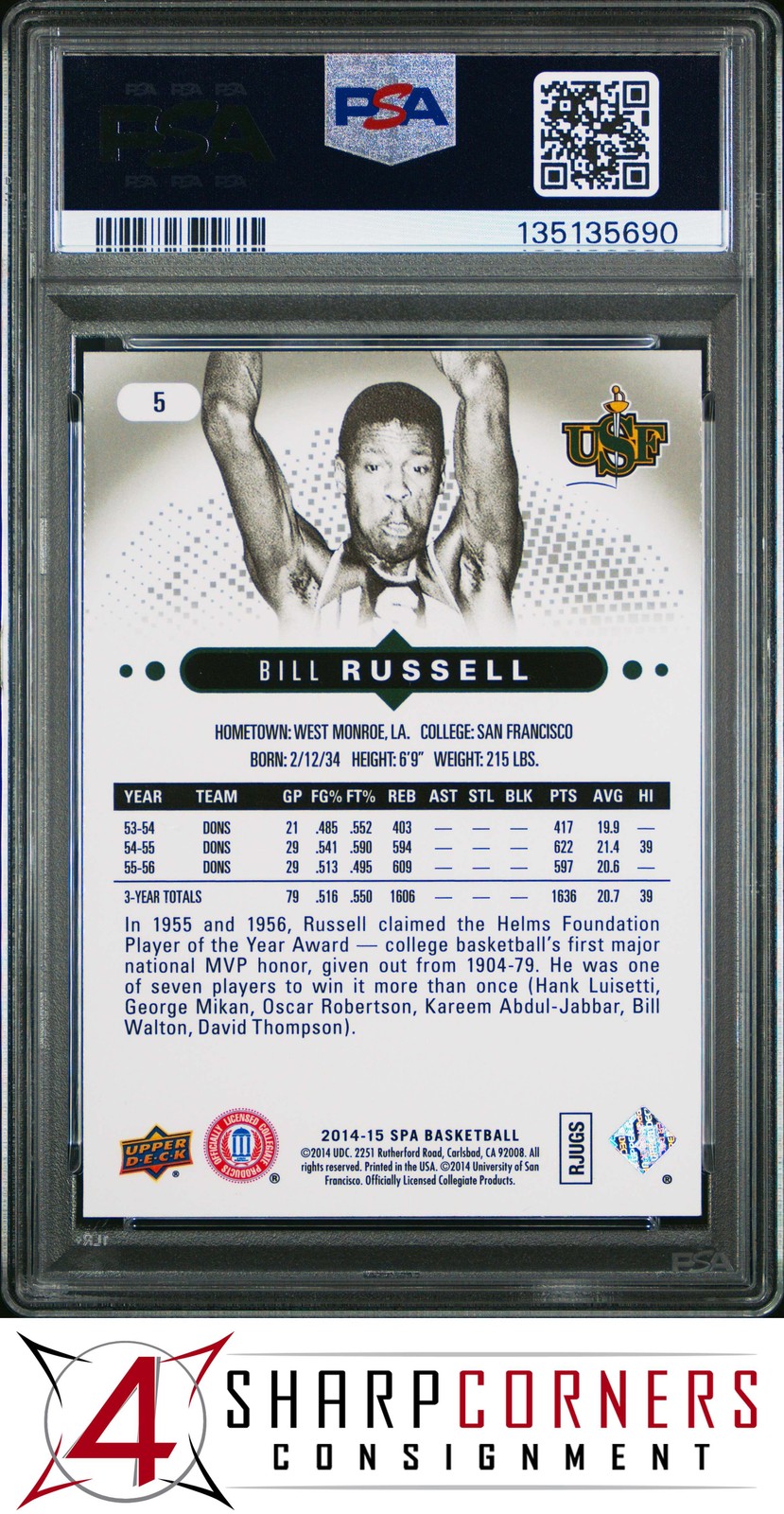 2014 SP AUTHENTIC #5 BILL RUSSELL HOF PSA 10 view 2