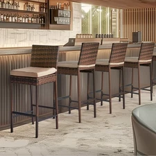 Set of 4 Rattan Patio Bar Stools Outdoor Bar Height Chairs w/ Beige Cushions