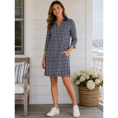 Draper James Lands End Navy Gingham Polo Dress 3/4 Sleeve Pockets Size M 10-12