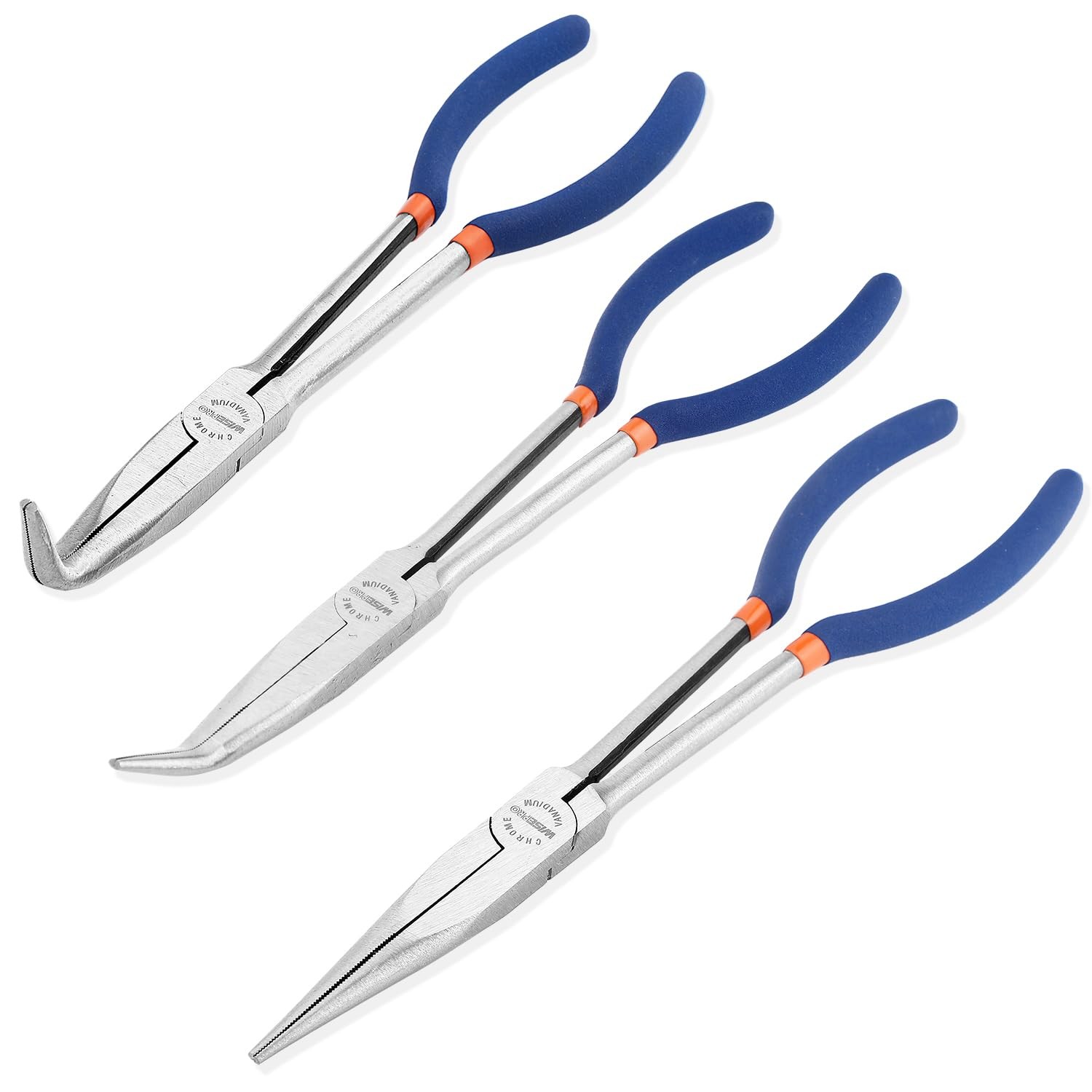 Wisepro 3-Piece Long Reach Plier Set with 90 & 45 Degree Angles in 11in & 16in Sizes