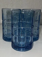 3 Anchor Hocking Blue Tartan Denim Blueberry Heavy Juice Glasses 4" Vintage EUC