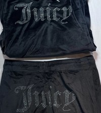 Y2K Juicy Couture Tracksuit Medium Black Velour Rhinestone Bling Hoodie