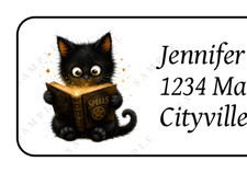 30 personalized Black Cat w/ Book Halloween return address labels stickers tags
