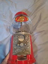 Jelly Belly Gumball Machine Coin Operated Glass & Metal Candy Dispenser 9” Tall.