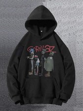 Men'S Gorillaz Graphic Hoodie-Black w/Colorful Cartoon Print, Loose Fit Kangaroo