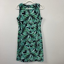 TOMMY HILFIGER Sleeveless Dress 8 Green Tropical Leaf Floral Stretch Knee Length