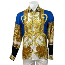 NEW Versace 100 Silk Blue Gold Renaissance Baroque Print Long Sleeve Shirt 48