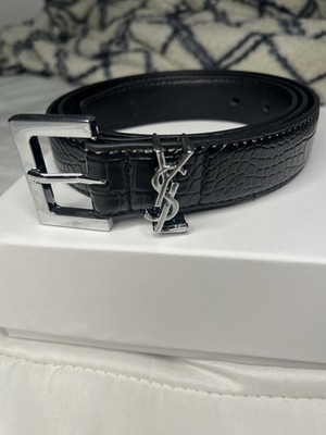 Saint Laurent Black Crocodile Pattern Silver Buckle Men's Dress Belt 44 110
