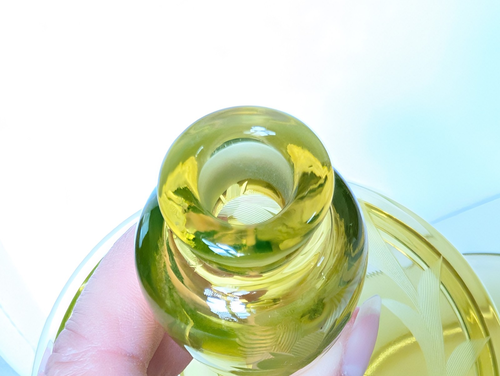 Antique Vaseline Art Glass Fostoria Etched Vanity Powder Jar Perfume Bottle Lid 