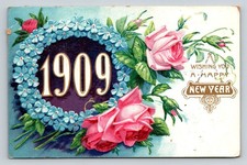Vintage 1909 Happy New Year Postcard Embossed Pink Roses Forget-Me-Nots