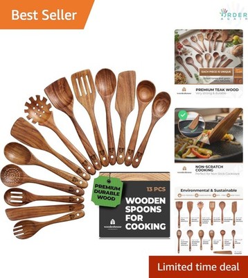 Wooden Cooking Utensil Set 13 Pcs Teak Nonstick Safe Durable Easy to Clean