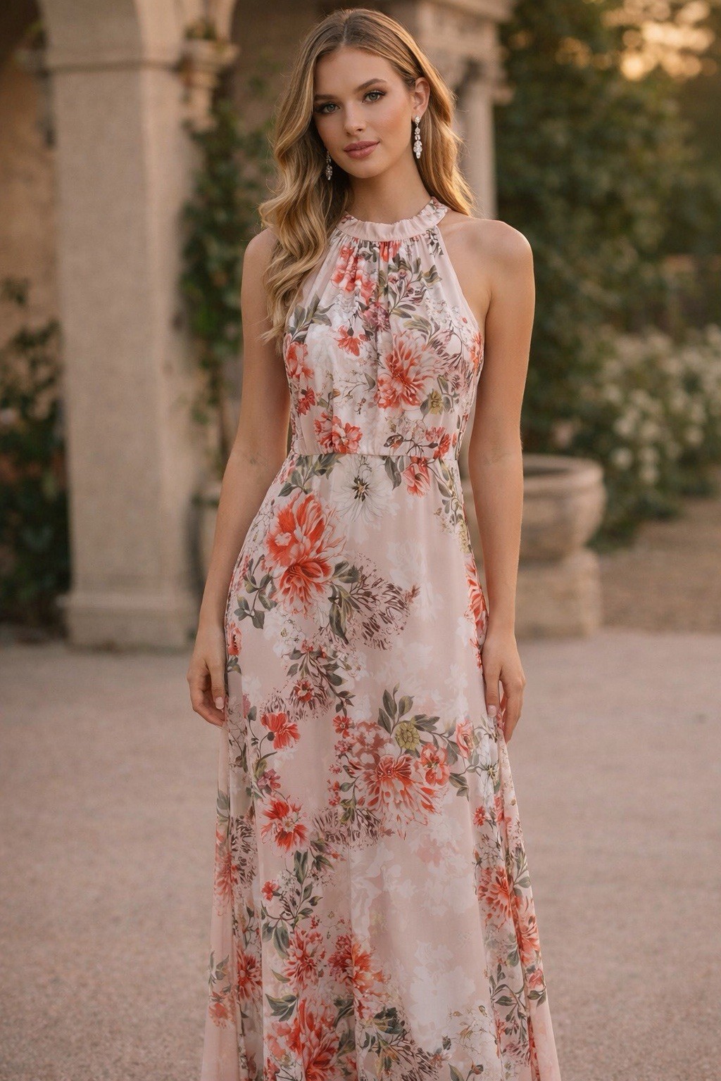 Eliza J Floral Maxi Dress Fit & Flare Halter Pink Printed Chiffon Formal Size 12