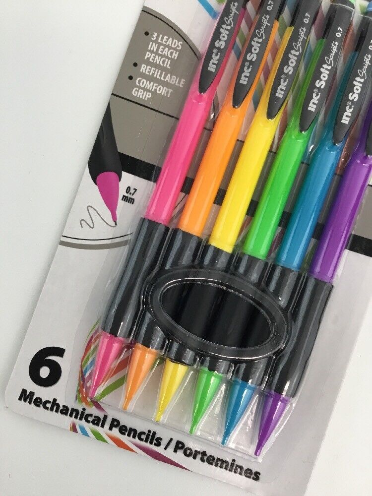 Mechanical Pencils Set Of 6 Rainbow Colors Includes 3 Refillable 0.7mm  Leads Ea