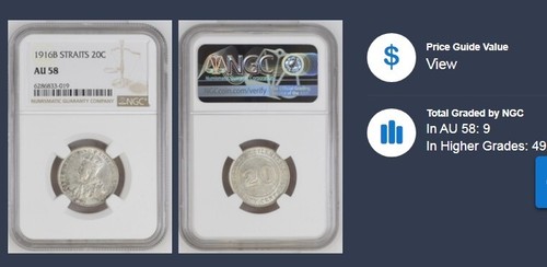1916 Straits Settlements 20 Cents NGC AU-58 Malaysia Very Scarce 2 Year Type - Picture 11 of 12