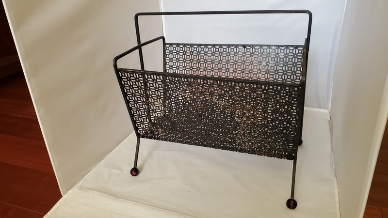 Vintage Lge Mid Century Modern Atomic Black Metal Iron Magazine Rack Perforated