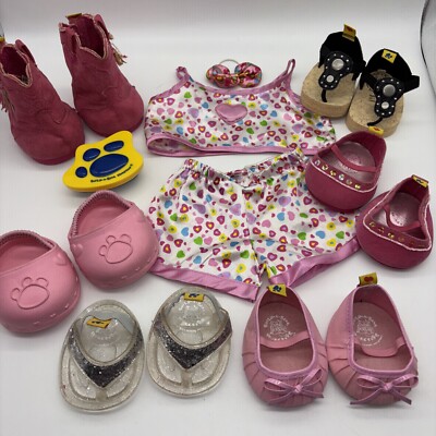Build a bear girl shoes clothing Lot 6 Pair Shoes, Silk Pajama Set, Brush