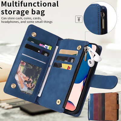 For iPhone 16 15 14 13 12 11 Pro Max XR PU Leather Zipper Wallet Case with Strap