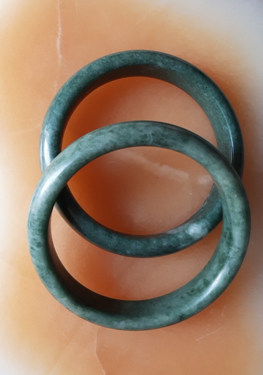 2 Braclets Bangles Spinach Green Stone Burmese Ja… - image 1