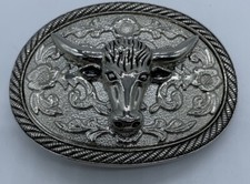 LONGHORN STEER TROPHY WESTERN TEXAS COWBOY BULL SILVER BELT BUCKLE 3.5  x 2.75  