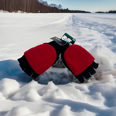 Insulate Black  & Red  Mens Convertible Fingerless Gloves With Mitten Cover