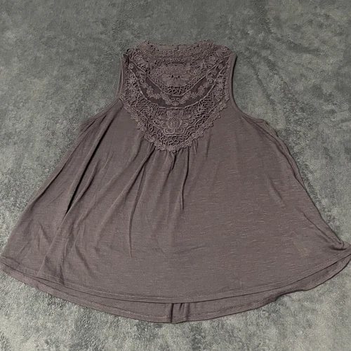 Taylor and Sage Tank Top Blouse Womens S Gray High Neck Crochet Lace Trim Shirt