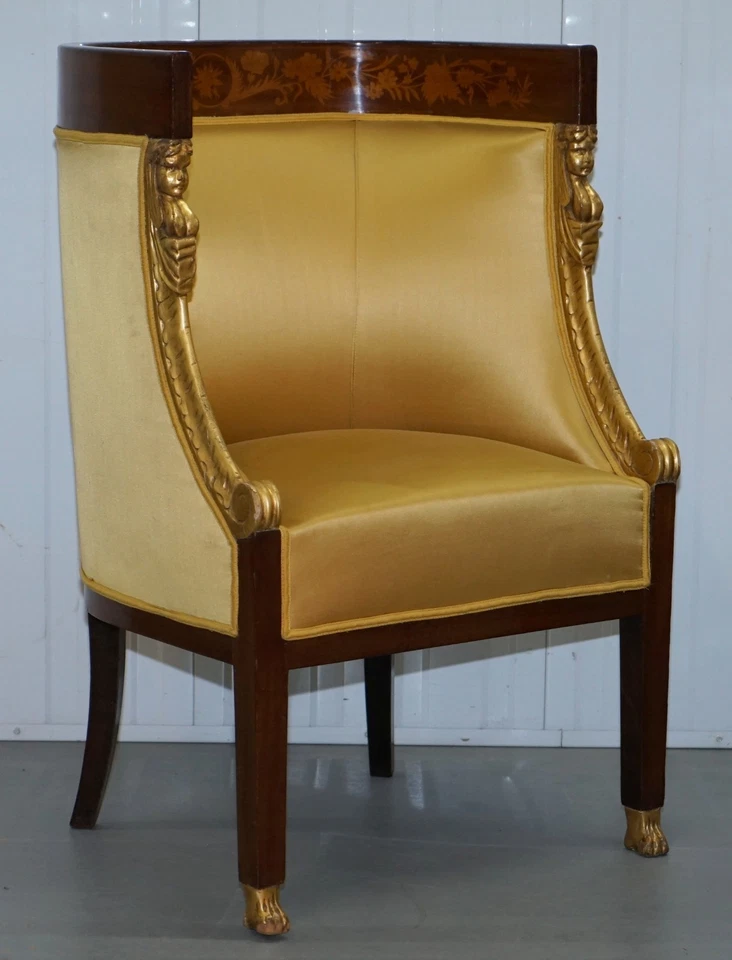 1870 FRENCH EMPIRE MARQUETRY INLAID SUITE PAIR BERGERE ARMCHAIRS & SETTEE CANAPE - Image 3 of 4