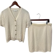 St. John Basics Cardigan Sweater Skirt Set Size M Cream Knit 
