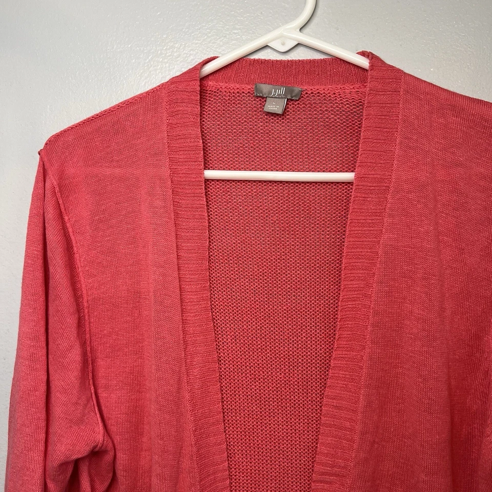 Cardigã feminino J Jill malha de linho frente aberta tamanho G bolso vermelho longline viagem - Imagem 2 de 4